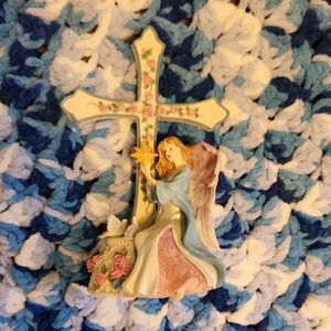 Angel and Cross Figurine with Floral Details